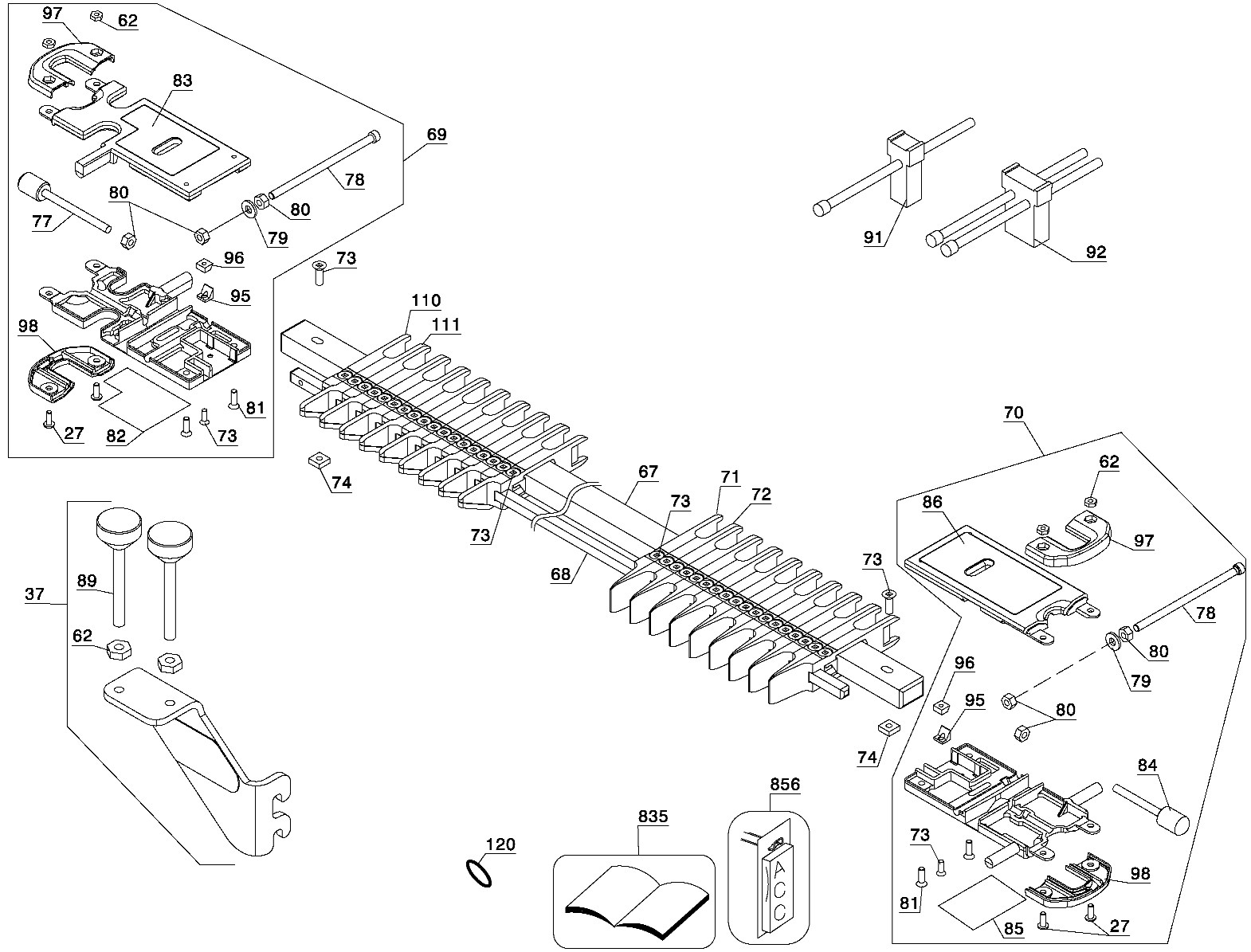 Dovetail Template Diagram and Parts List for 77246 Type 1 Porter Cable Dovetail Machine